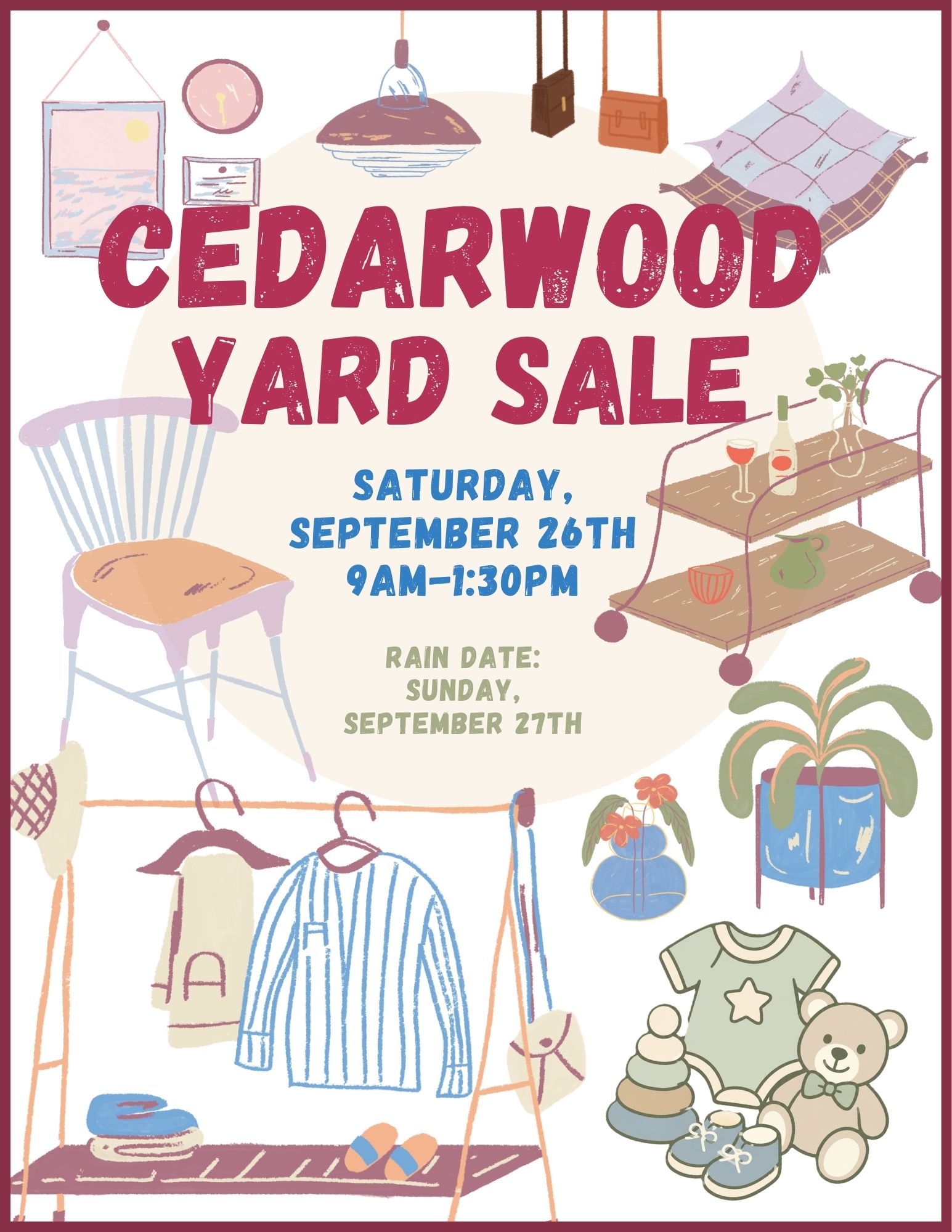 The 2026 Cedarwood Yard Sale flyer, illustrated with furniture, plants and clothing.